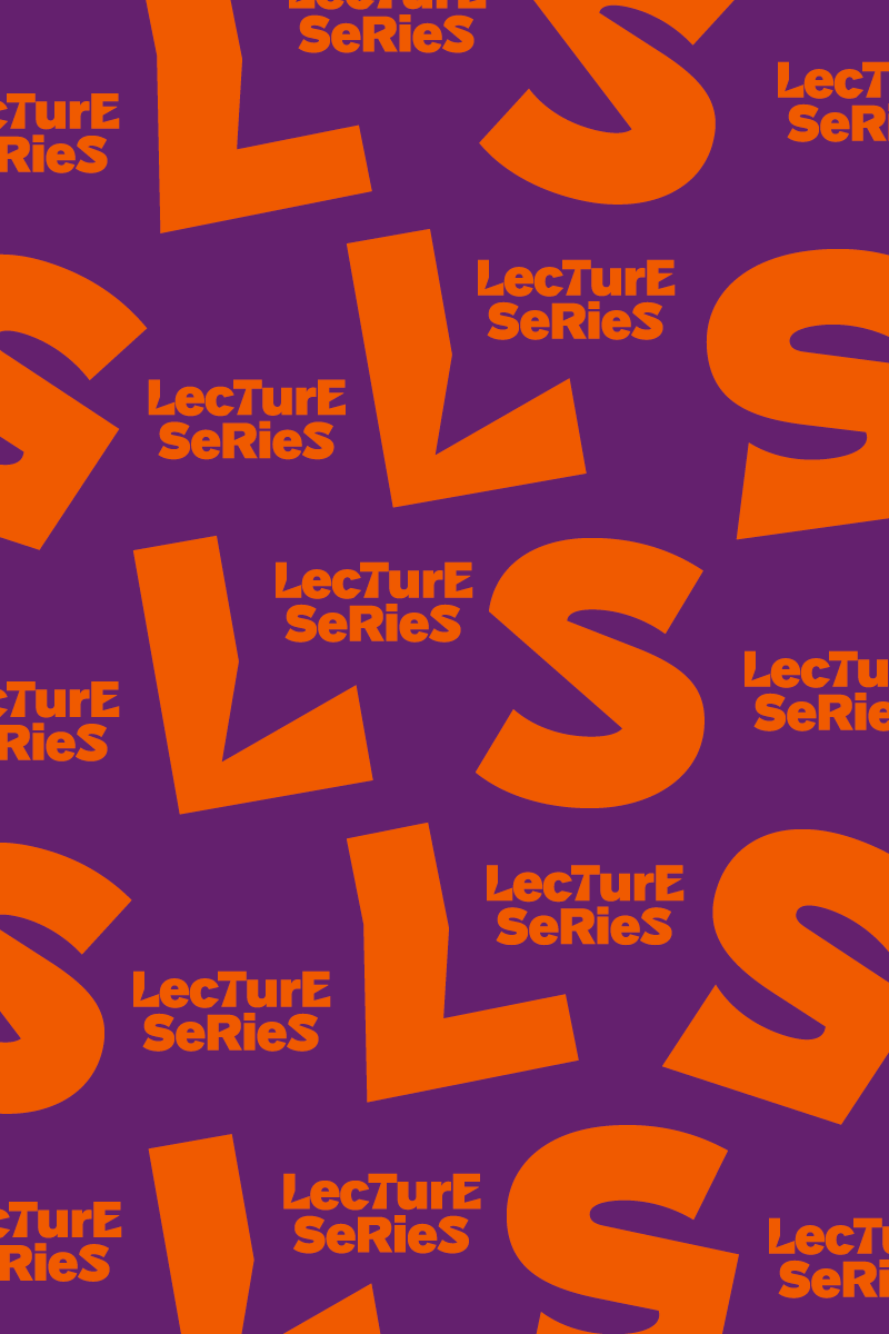 Graphic: The word Lecture Series several times in orange letters on a purple background.