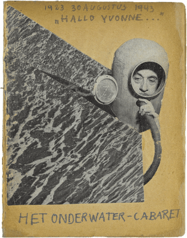 Titelblatt des Magazins Het Onderwater Cabaret vom 30. August 1943 mit einer Collage von Meer und dem Kopf eines Mannes, der wie ein Taucher aussieht.