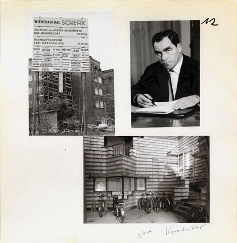 Three black and white photos, two showing building and one showing a middle aged man sitting at a desk. 