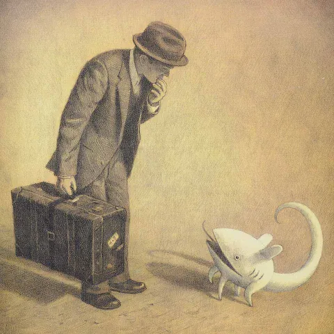 Illustation: ein Mann mit Koffer und Hut steht vor einem kleinen Monster.