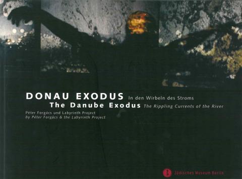 Catalogue cover for the exhibition “The Danube Exodus”: dark abstract photograph of a man holding his arms up.