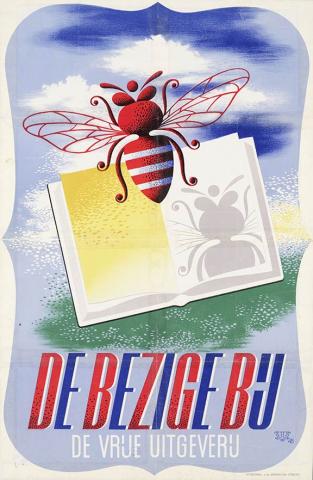 Illustration: a red bee, behind it an open book and blue sky.