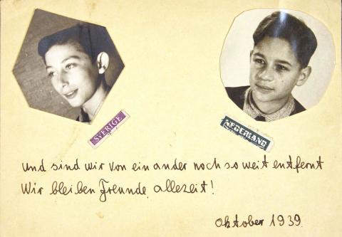 Postcard with two passport photos of two young men and the handwritten note: And no matter how far we are from each other: We will always be friends! October 1939.