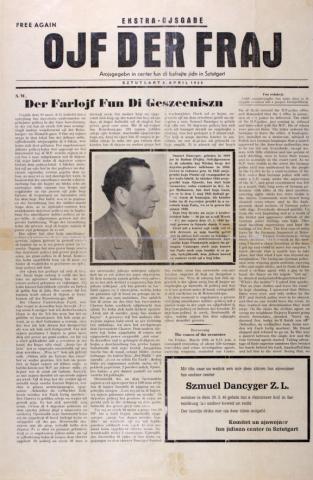 Newspaper article in Yiddish with a photo of Shmuel Dancyger.