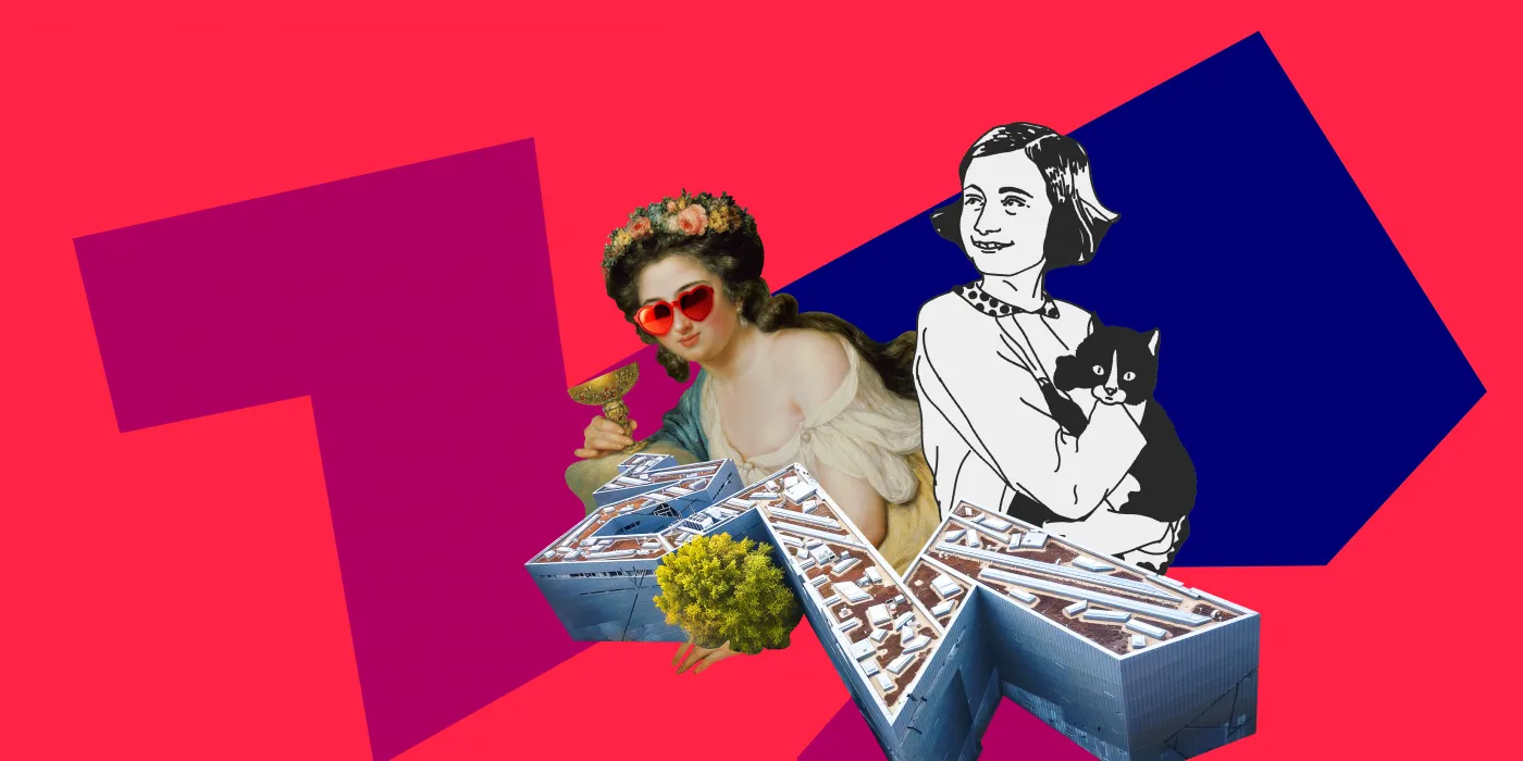 The image has a red background. It shows a collage: angular shapes in magenta and blue, with a graphic of the Libeskind building and two women above it.