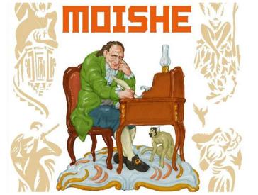 Cover of the graphic novel Moische. Six anecdotes from the life of Moses Mendelssohn with drawing Mendelssohn at his desk, under the table a monkey
