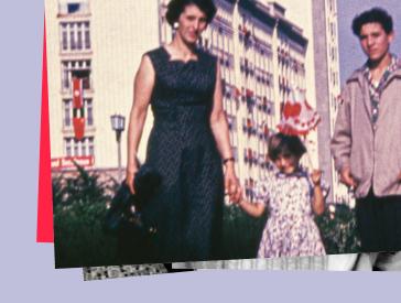 Designed graphic with overlapping photos and red squares, the top photo shows a woman with a child holding her hand, next to her a teenager, in the background the so-called workers' palaces in Stalinallee.