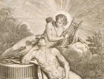Print: a naked man with winged helmet looks up to a naked woman with harp.