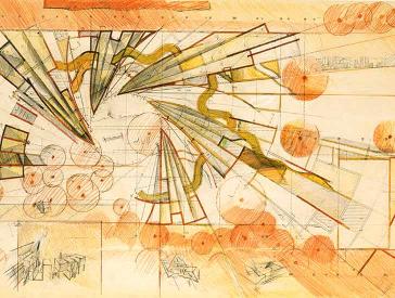 Color design drawing by Zvi Hecker with spiraling wedges, half cylinders and pyramids