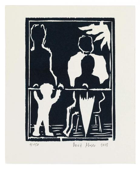 Black and white print depicting the silhouettes of a child, an umbrella, and other adults