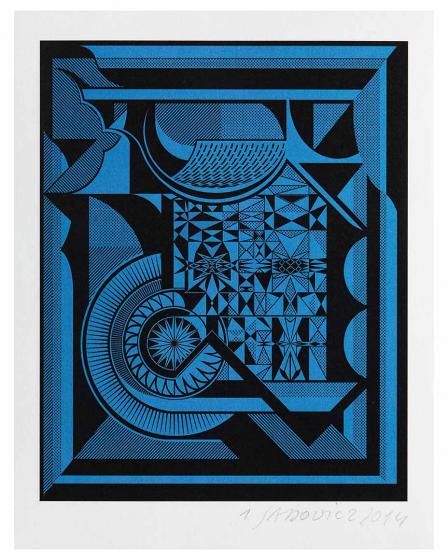 Geometric black and blue geometric print with multiple different patterns and shapes