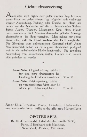 Werbeheft zu Amor Skin mit Gebrauchsanweisung