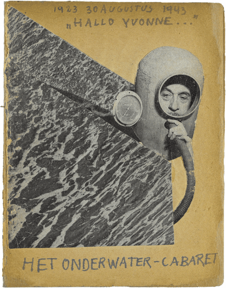 Front cover of Het Onderwater Cabaret magazine, issue dated 30 August 1943, showing a collage of the sea and the head of a man who appears to be a diver. 