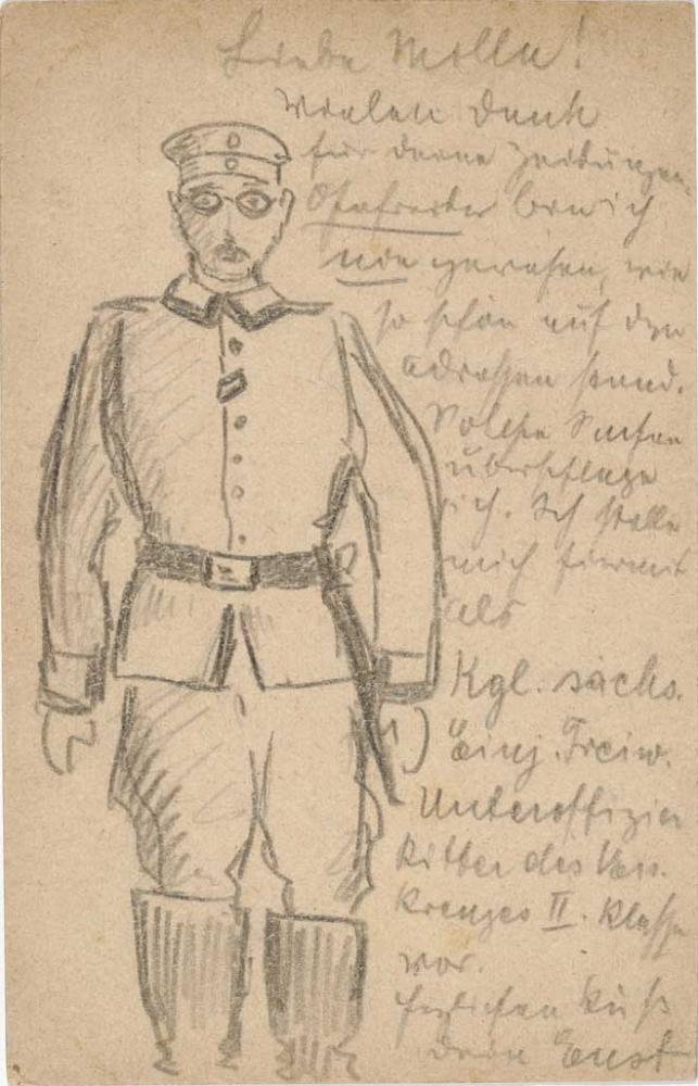 Drawing, graphite: Soldier (knee-length, frontal view, standing) with a decoration on the second buttonhole of his uniform ja