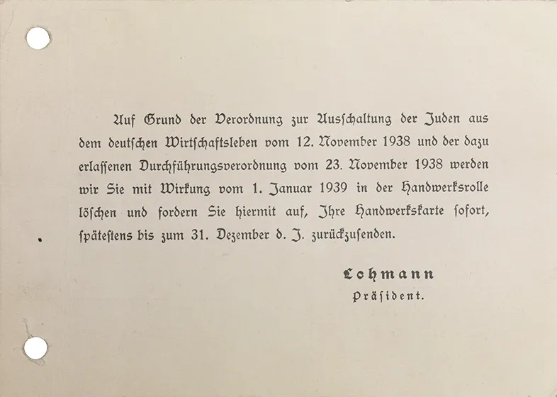 Ausschlussdokument der Handwerkskammer Berlin: Schwarze Schrift auf beigefarbenem Papier.