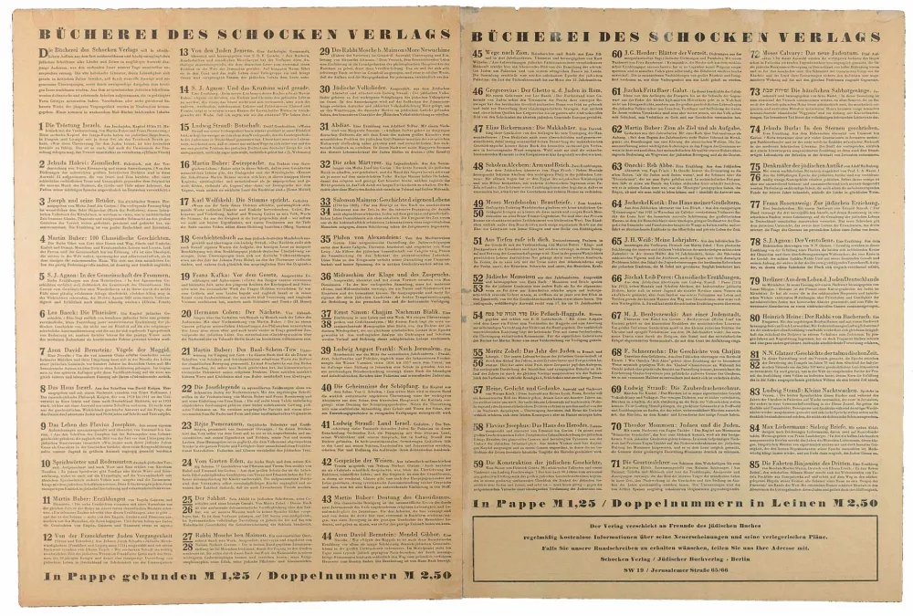 Vergilbte Doppelseite mit der Überschrift „Bücherei des Schocken Verlags“ und 85 Kurzankündigungen von Büchern.