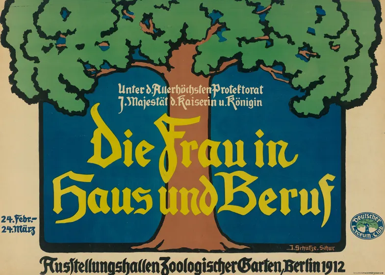 Das Bild zeigt ein Plakat mit beigem und blauem Hintergrund, darauf ein Baum und der Schriftzug in Gelb: "die Frau in Haus und Beruf".