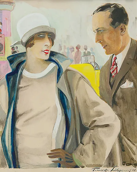 Illustration aus einer Modezeitschrift, die eine Frau und einen Mann in eleganter Kleidung aus den 1930er-Jahren zeigt.