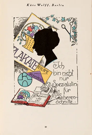 Illustration mit verschiedenen Elementen: Einem schwarzen Scherenschnitt, Bilder von Büchern und Plakaten und der Schrift "Ich bin nicht nur Spezialistin für Scherenschnitte".