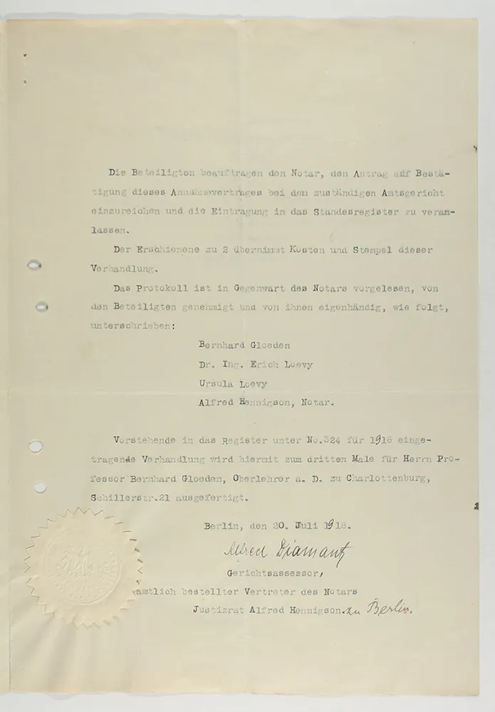 Maschinenschriftliche Seite des Adoptionsvertrags