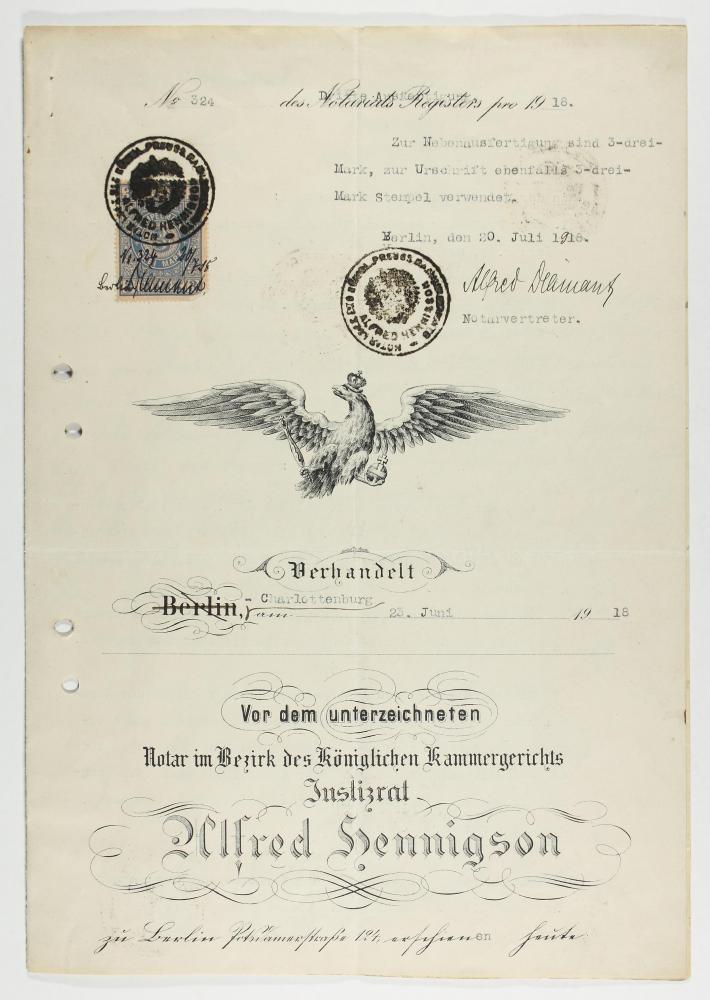 Page of adoption agreement with Prussian eagle, postage stamp, and rubber stamps.