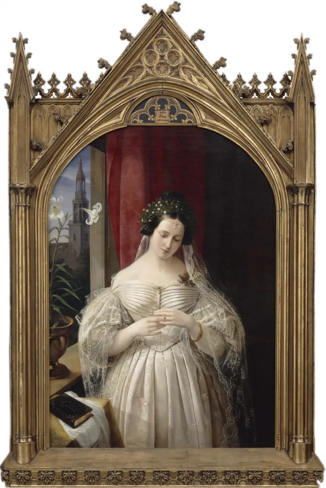 Gemälde von Albertine Mendelssohn-Bartholdy in goldenem Rahmen.