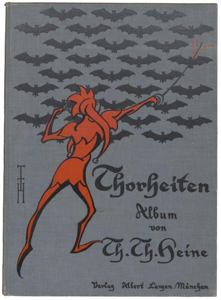 Buchdeckel mit Illustration einer Narrenfigur, die gegen eine Schar Fledermäuse ficht