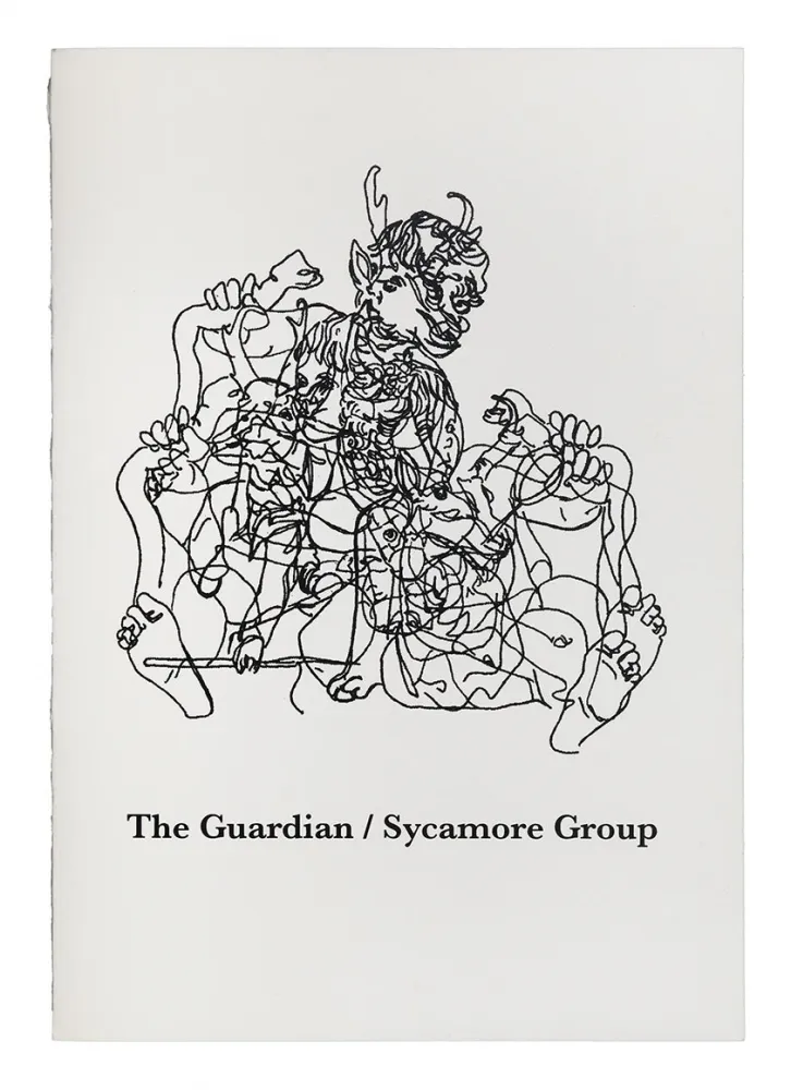 Black abstract line drawing of a figure with multiple limbs, faces, and animal features