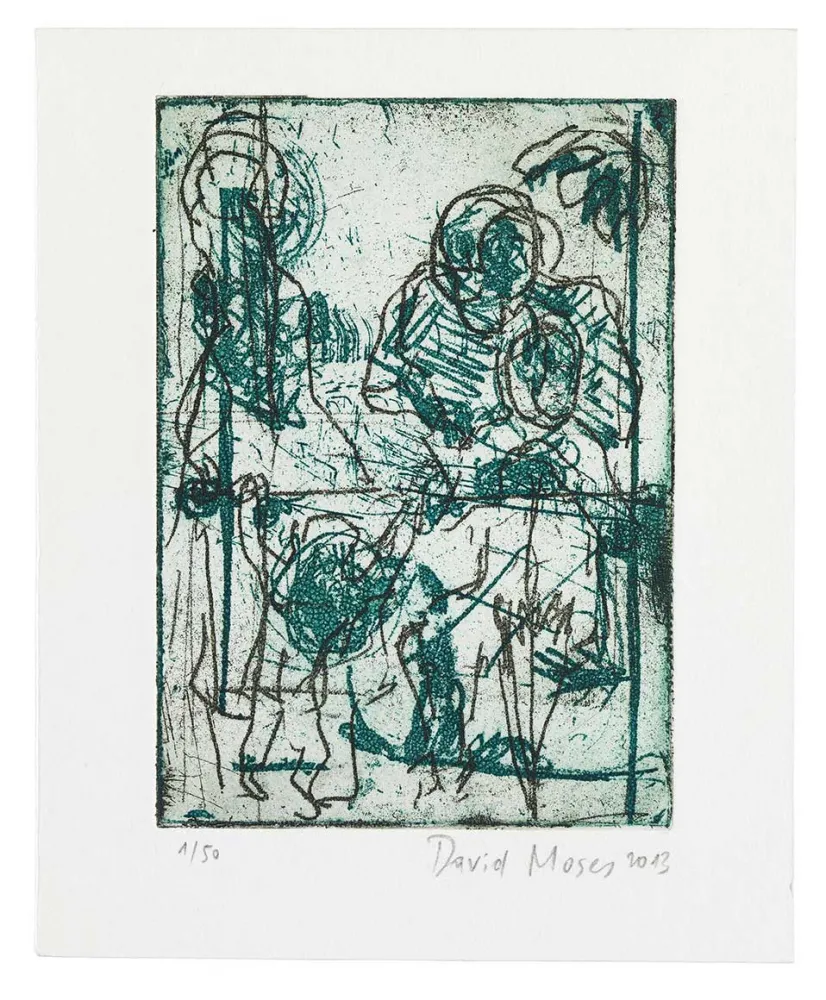 Abstract drawing of dark green and black figures, the strokes are harsh and energetic