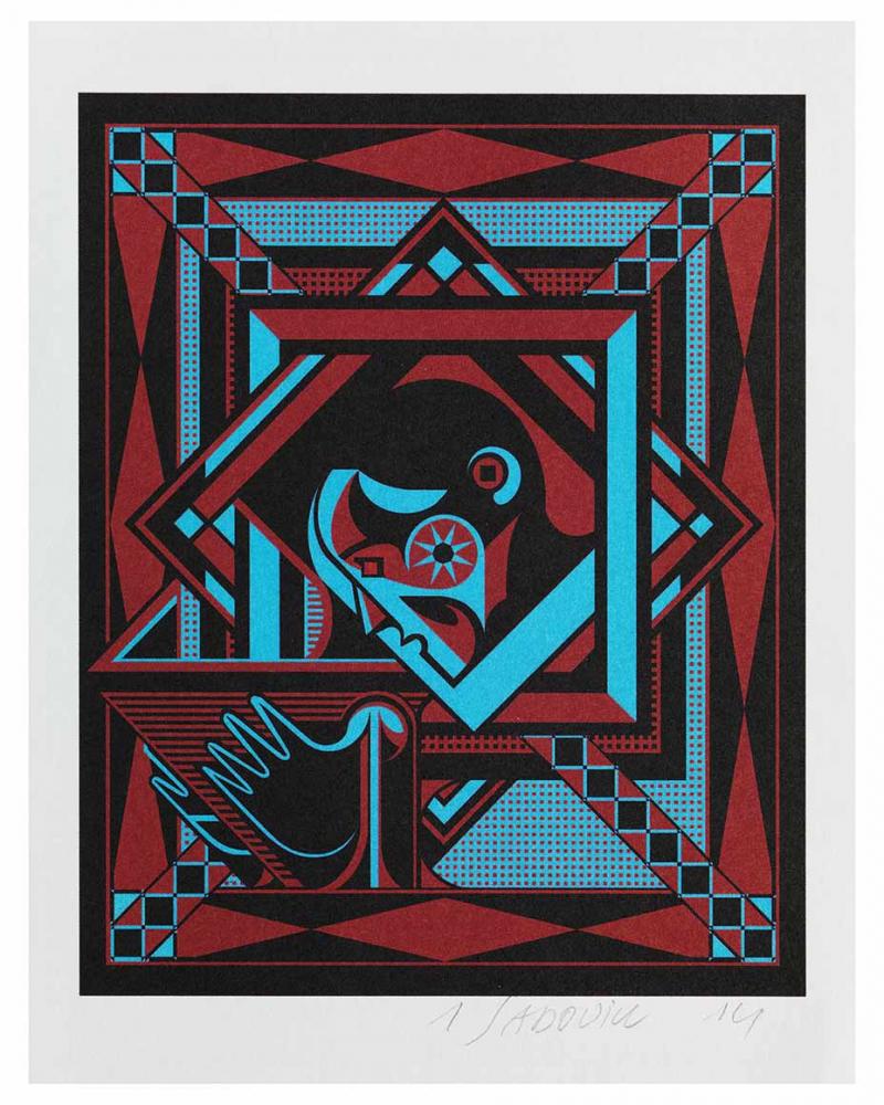 Red, blue, and black abstract geometric print of a profile of a man's face and his right hand