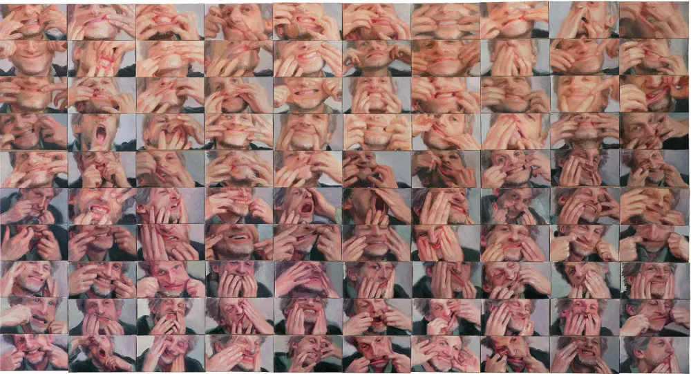 Multiple panels of photographic close ups of a man using his hands in several different poses to stretch out the skin of his face