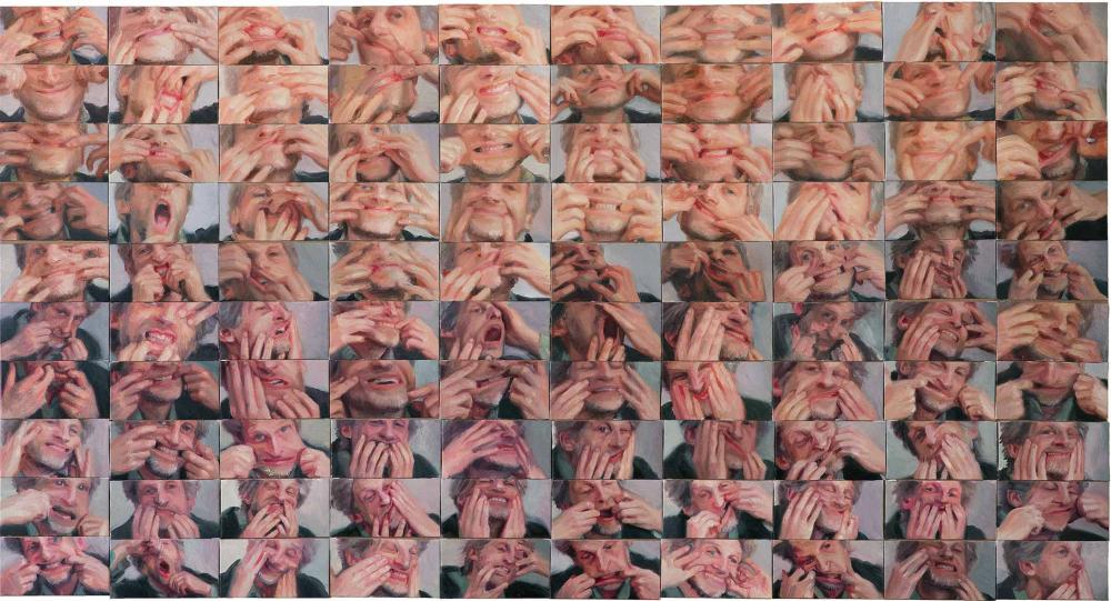 Multiple panels of photographic close ups of a man using his hands in several different poses to stretch out the skin of his face 