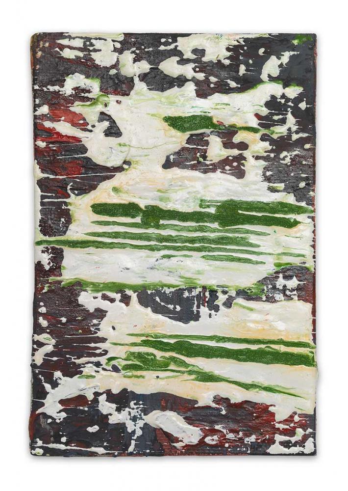 A red painted rectangle is caked and splattered with a layer of white and green paint