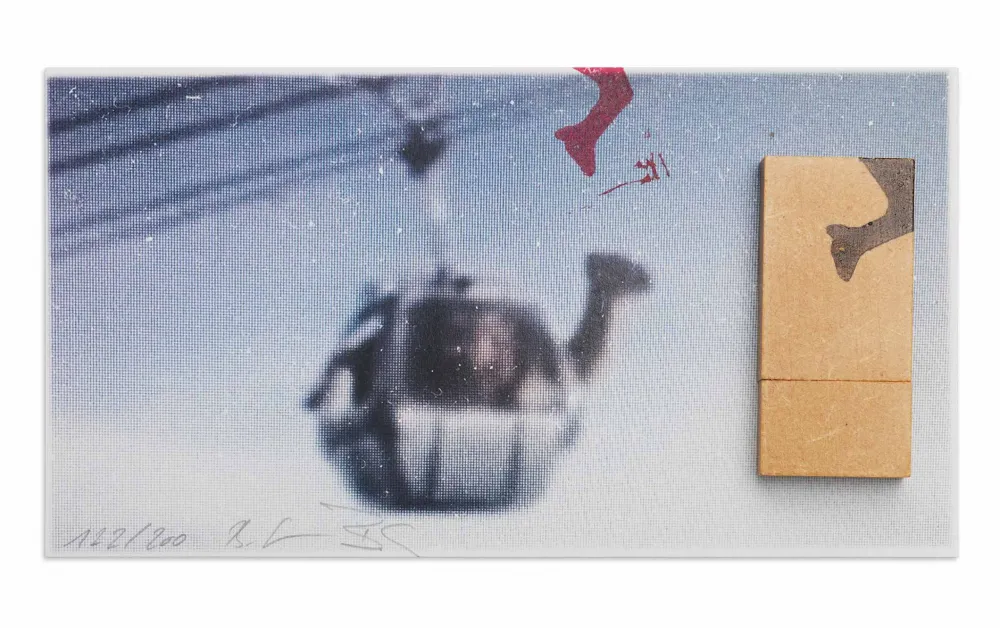 An art piece that appears to be a blurry picture of gondola that is signed by in the artist on the bottom left corner