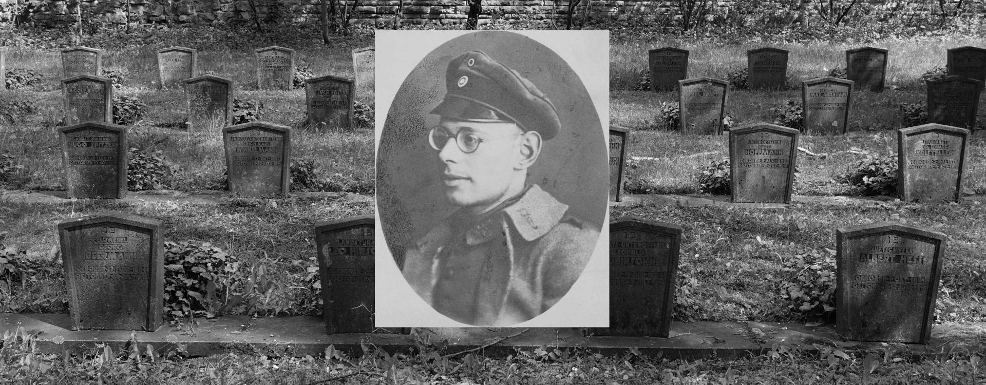 Gravestones in a cemetery, above them the portrait of a man.