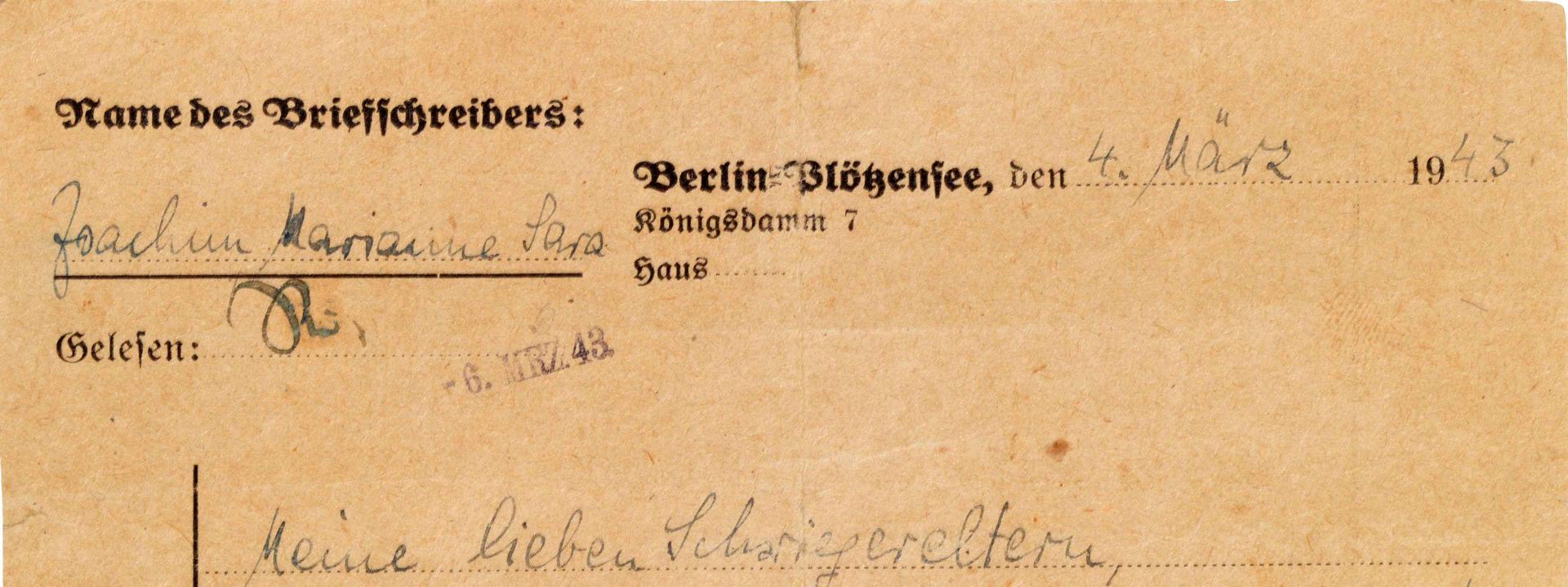 Handwritten letter on a letterhead form from Berlin-Plötzensee.