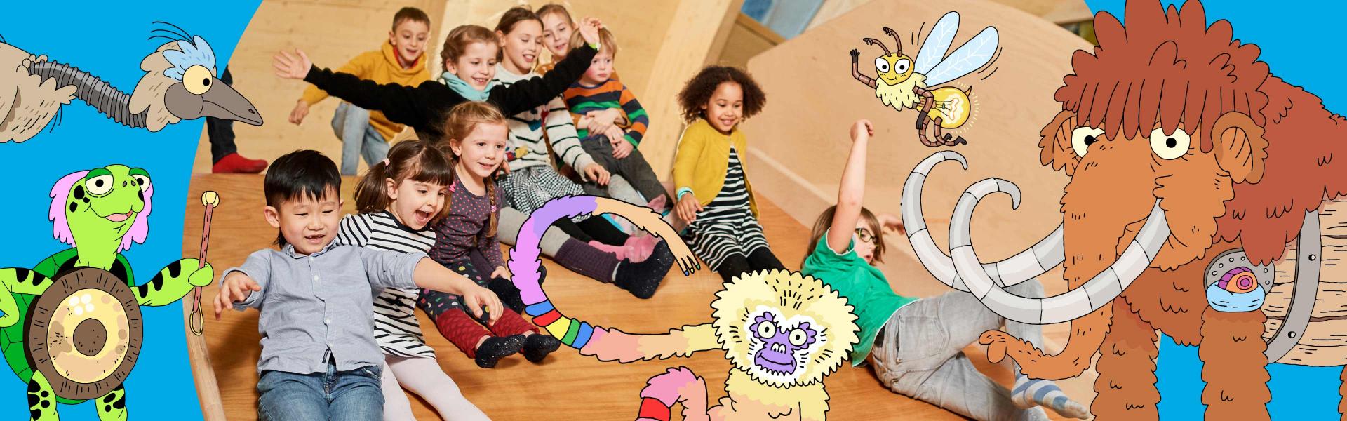Graphik mit bunten Tieren, in der Mitte ein Foto eingebaut, auf dem Kinder eine Holzfläche runterrutschen
