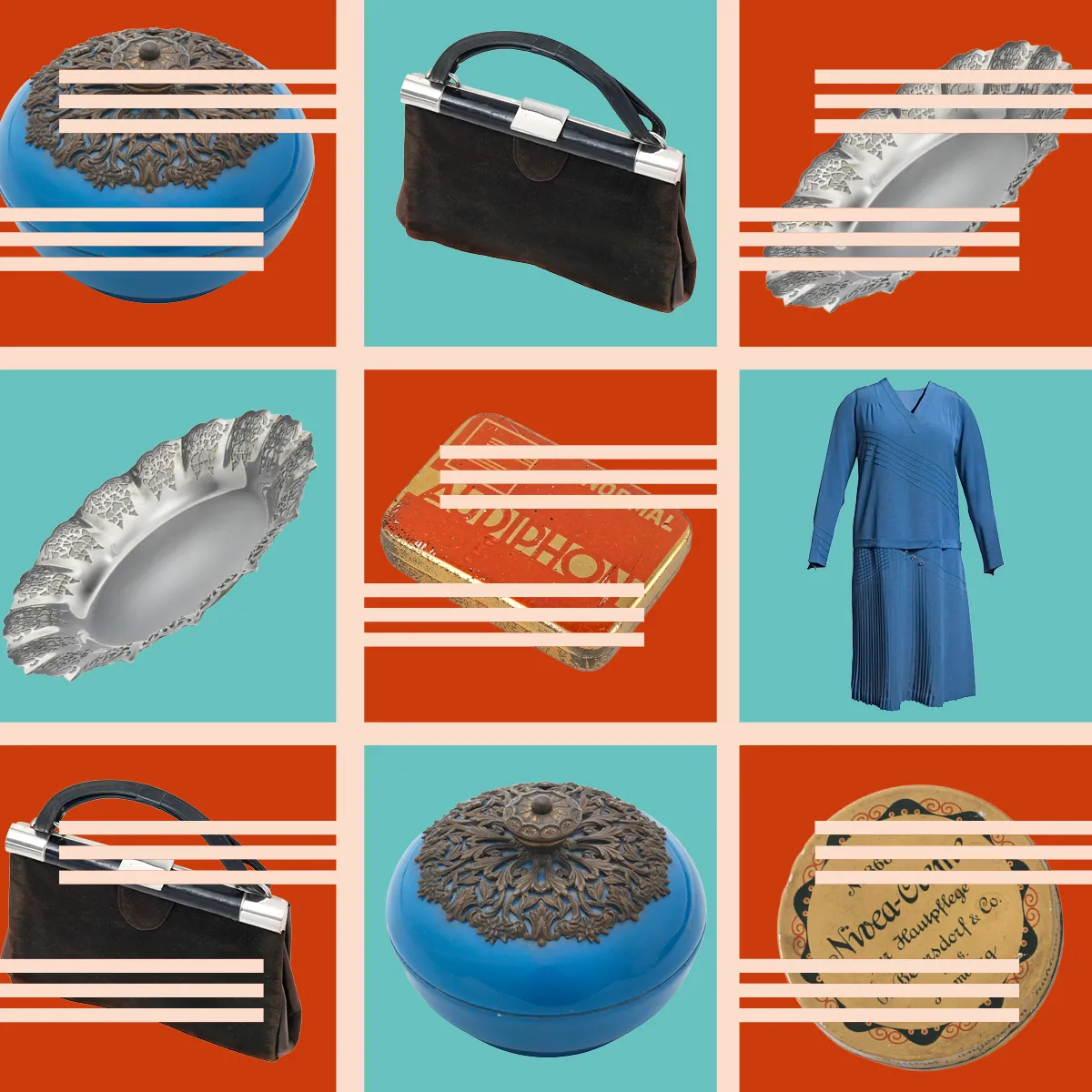 Mehrere Objekte, nämlich Porzellandose, Handtasche, Teller, Grammophonnadeldose, Kleid und Cremetiegel abwechselnd auf orangenem und hellblauem Hintergrund, darüber liegt das Schocken-Logo in Form eines S.