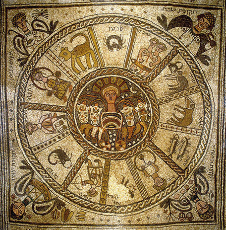 The mosaic floor at Bet Alpha Synagogue (detail: zodiac wheel)