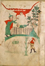 A medieval illustration of the biblical story, in colours
