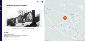 Screenshot. der links ein historishes Foto des Gebäudes und rechts eine Karte zeigt, auf der der Standort der Liegenschaft markiert ist