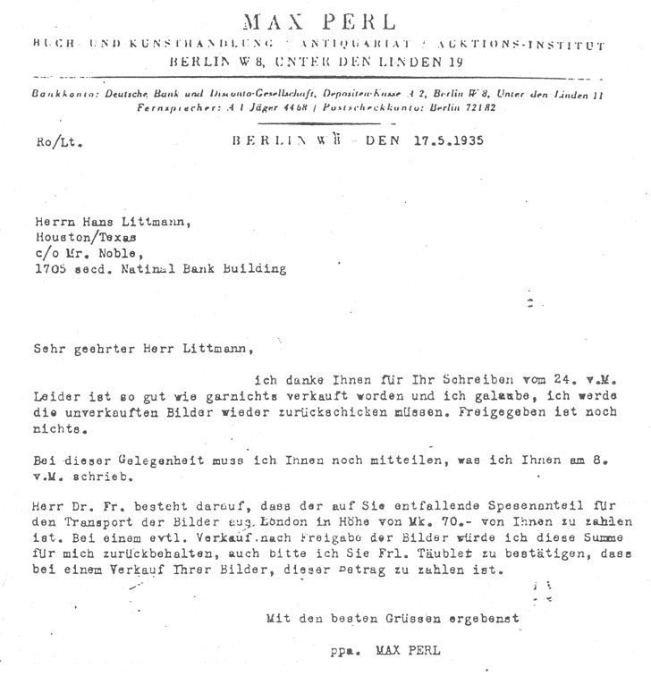 Max Perl an Hans Littmann