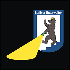 Berlin coat of arms modified: Berlin bear with a flashlight in its paw running down a staircase.