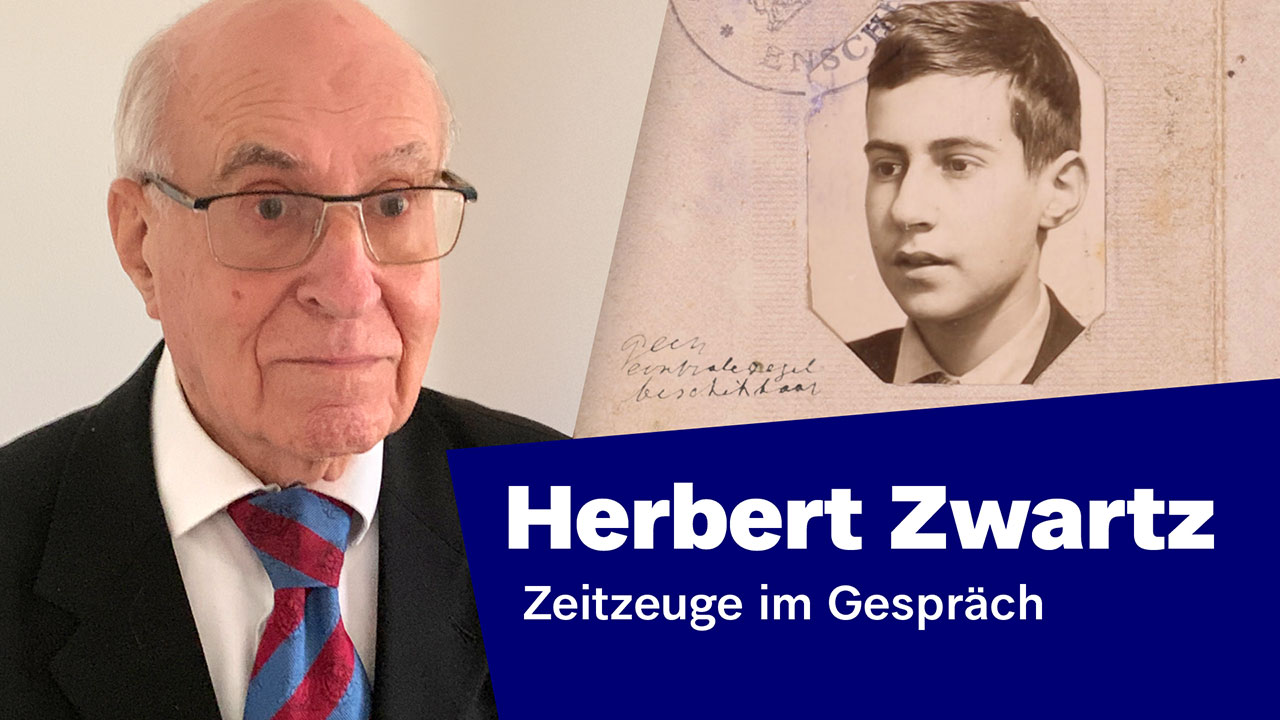 On the left side of the picture we can see a recent portrait of eyewitness Herbert Zwartz. On the right side of the image we see a historic portrait of his as a teenager.