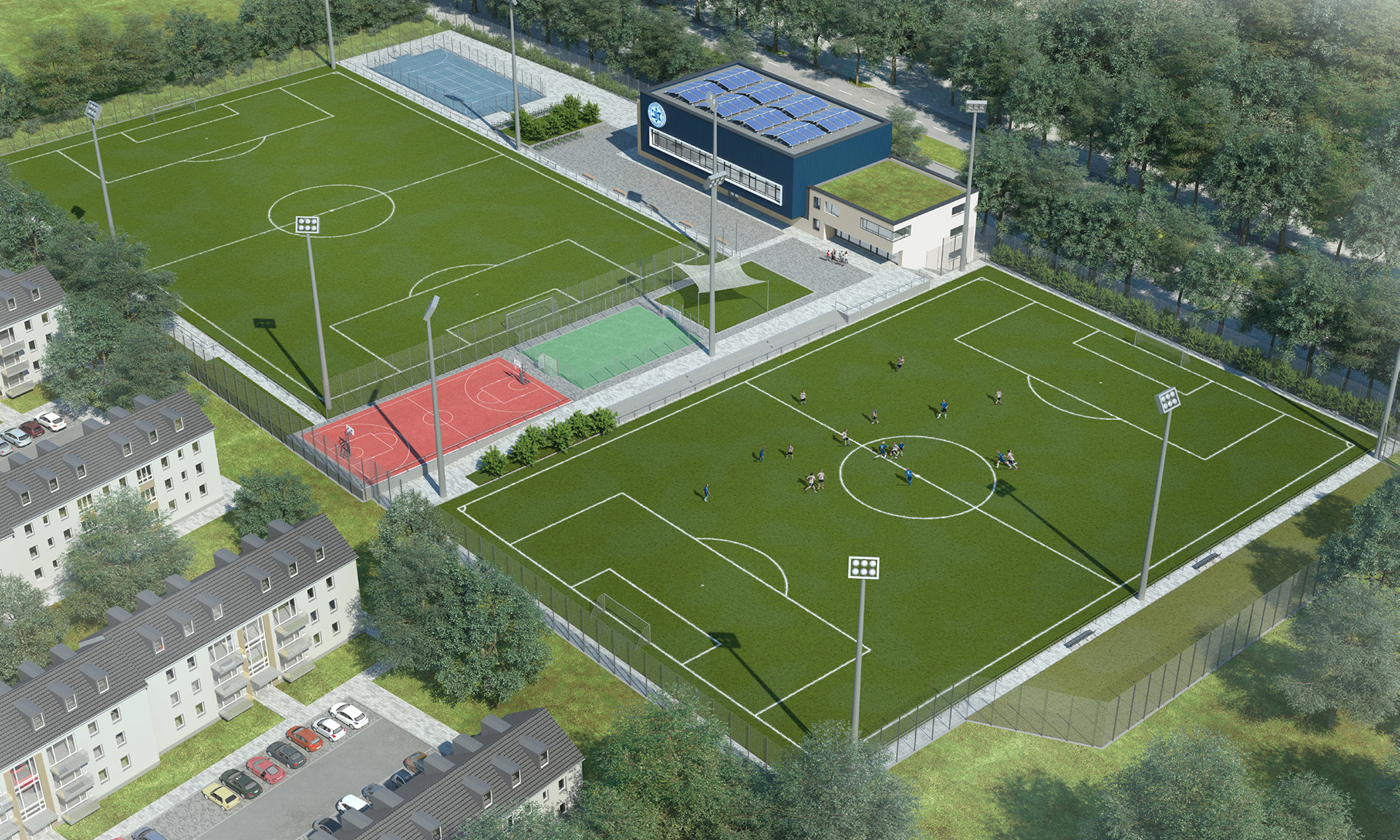 Digitale Darstellung einer großen Sportanlage mit mehreren Sportplätzen nebeneinander und Sportzentrum