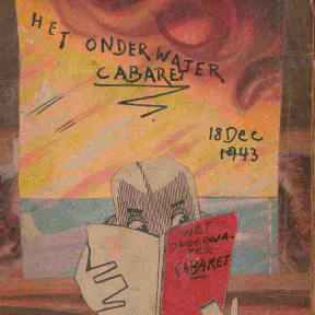 Painted magazine cover, a figure reads in a red book.