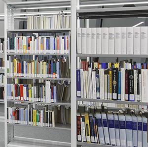 Shelfs filled with books.