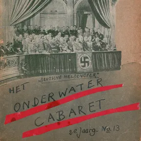 Collage, a balcony on which National Socialists are standing, with a swastika flag.