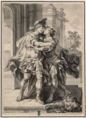 Drawing of two men embracing; at the bottom edge is the decapitated head of Goliath, whom David has just defeated