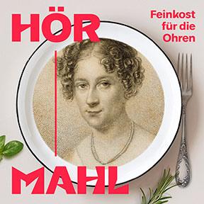 Teller, den eine Porträtzeichnung von Rahel Varnhagen ziert, daneben eine Gabel sowie die Aufschrift Hörmahl: Feinkost für die OhrenPlate adorned with a portrait drawing of Rahel Varnhagen, next to it a fork and the inscription Hörmahl: Feinkost für die O